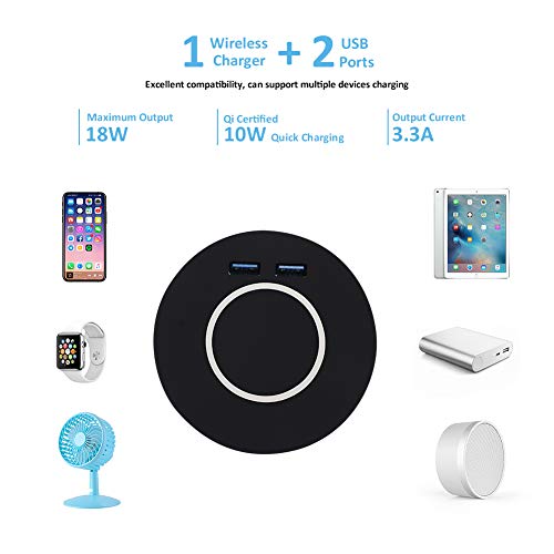 In-Desk Wireless Charging Pad, Dual USB Type A Quick Charge 3.0 Ports