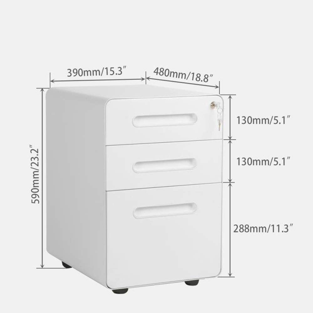 White 3-Drawer Metal Mobile File Cabinet with Locking Keys, image size:1000x1000