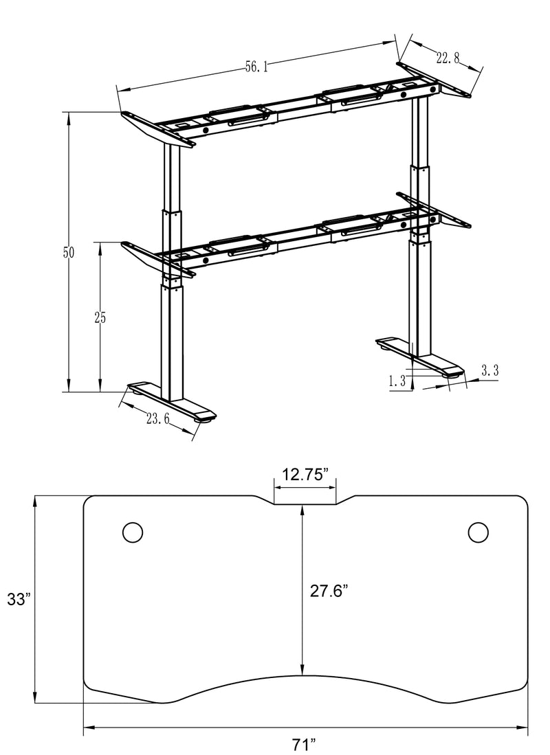 Flex Series 71" x 33" Standing Desk with Black Frame, Curved Top