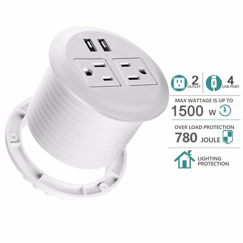 White UL Certified Desktop Power Grommet with Two Power Sockets, Two Quick USB Charging Ports, 6FT Power Cord and Lock Ring