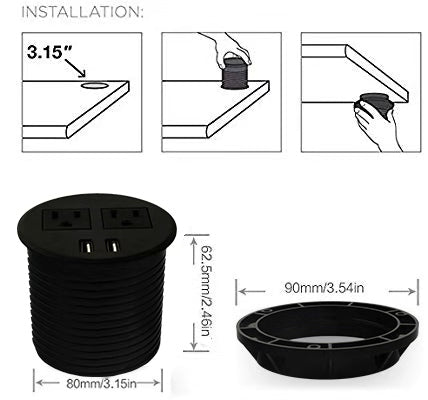 White UL Certified Desktop Power Grommet with Two Power Sockets, Two Quick USB Charging Ports, 6FT Power Cord and Lock Ring