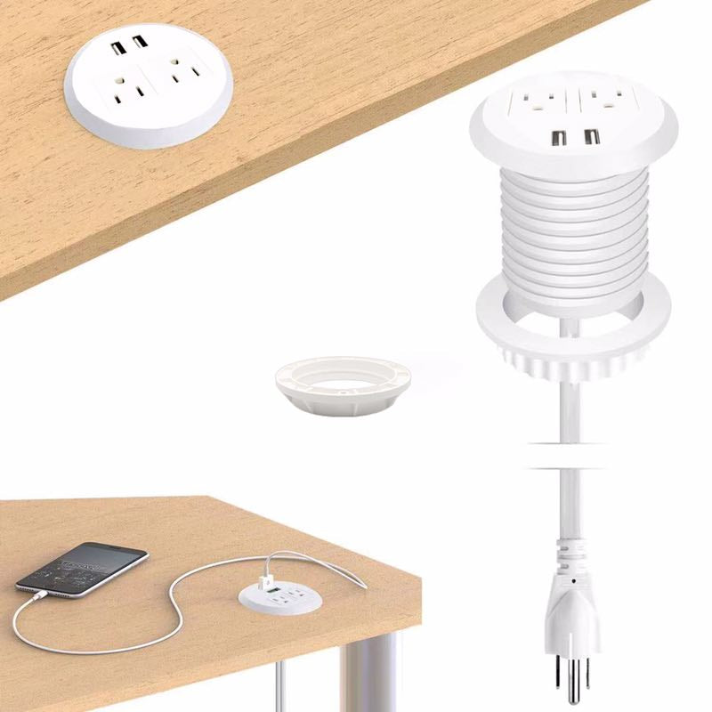 White UL Certified Desktop Power Grommet with Two Power Sockets, Two Quick USB Charging Ports, 6FT Power Cord and Lock Ring