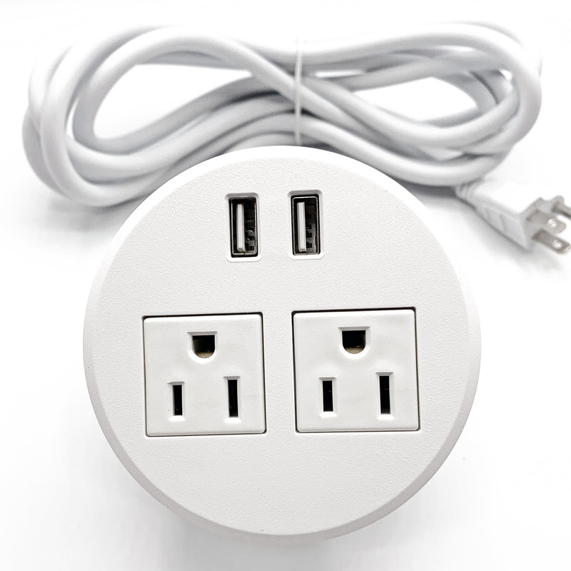 White UL Certified Desktop Power Grommet with Two Power Sockets, Two Quick USB Charging Ports, 6FT Power Cord and Lock Ring