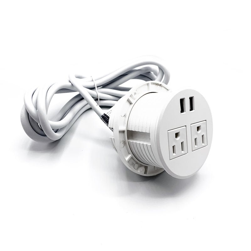 White UL Certified Desktop Power Grommet with Two Power Sockets, Two Quick USB Charging Ports, 6FT Power Cord and Lock Ring