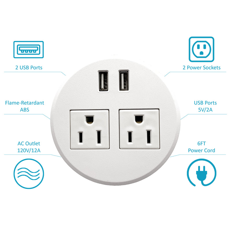 White UL Certified Desktop Power Grommet with Two Power Sockets, Two Quick USB Charging Ports, 6FT Power Cord and Lock Ring