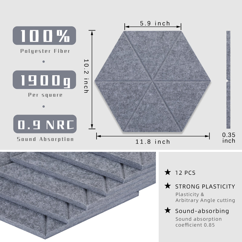 Artsonic Hexagon Acoustic Sound Absorbing Panel 12'' X 10'' X 0.4''