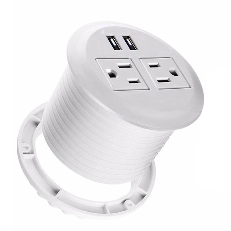White UL Certified Desktop Power Grommet with Two Power Sockets, Two Quick USB Charging Ports, 6FT Power Cord and Lock Ring
